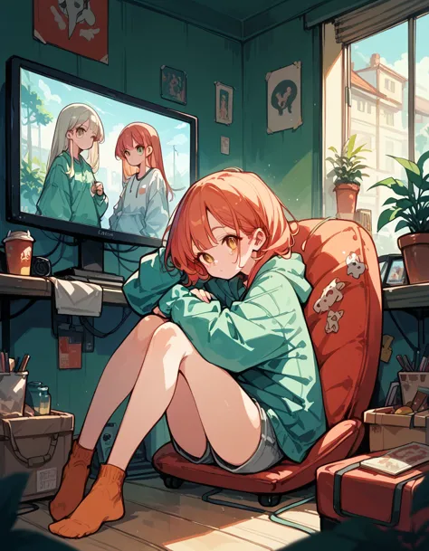 an anime character sitting on the tv with his legs crossed, from girls&#39; frontline, the finer details. girls&#39; frontline, ...