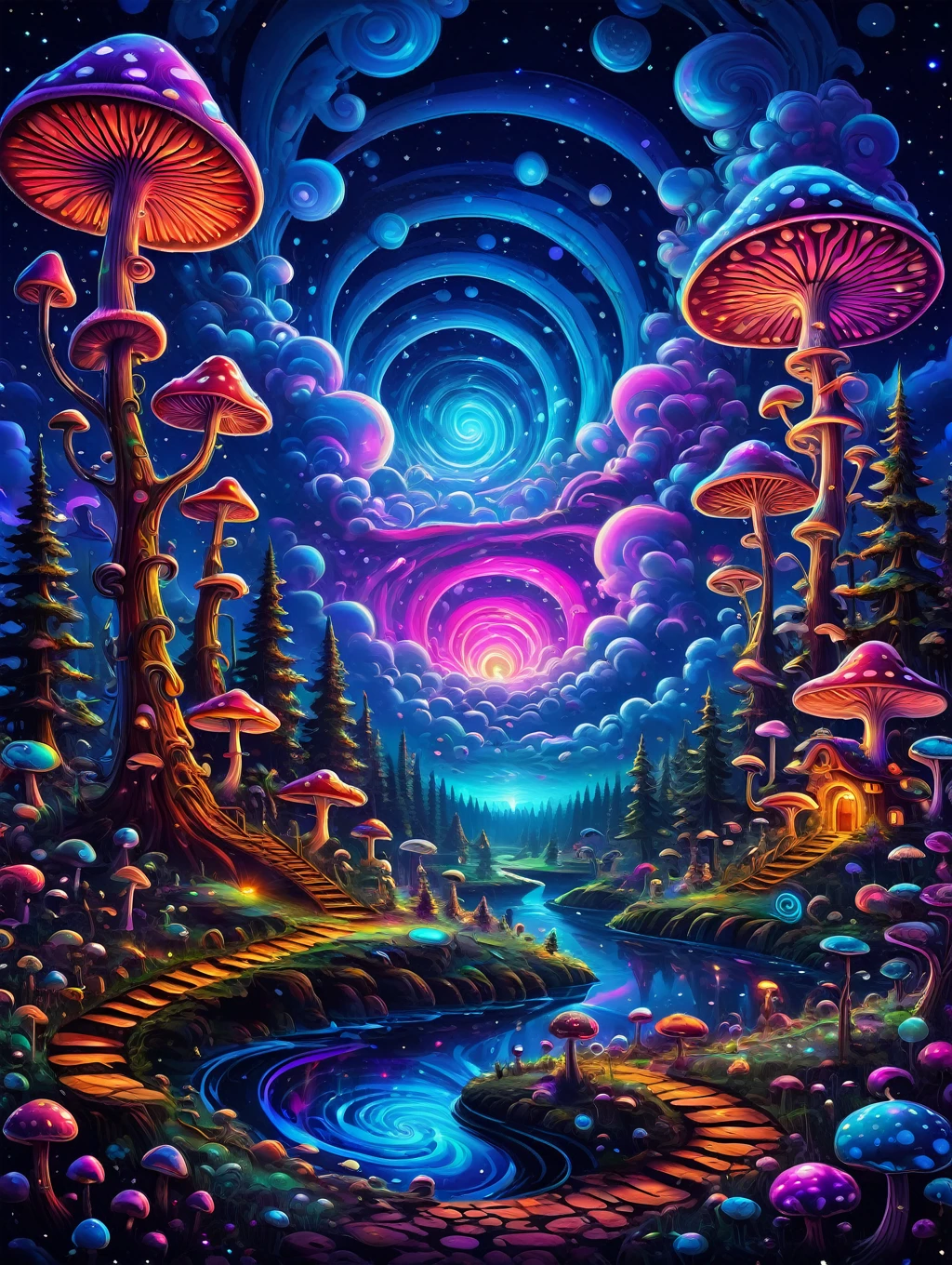 detailed fantastic psychedelic landscape of luminous mushrooms, trees, swirl clouds, night, cosmic light
PsyLand