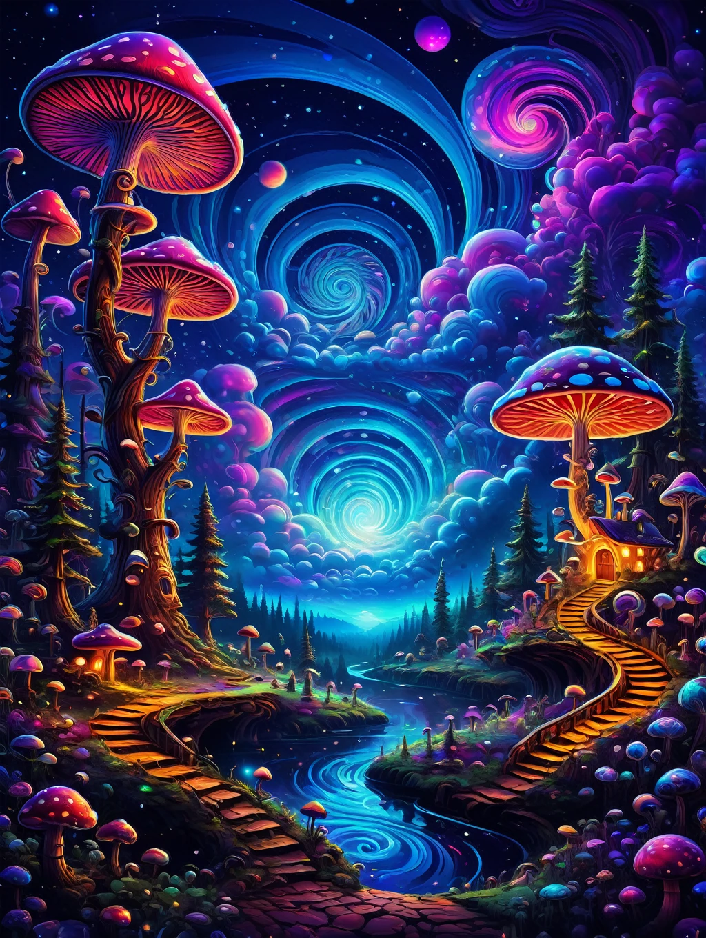 detailed fantastic psychedelic landscape of luminous mushrooms, trees, swirl clouds, night, cosmic light
PsyLand