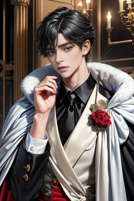 masterpiece, 最high quality, high quality, 1 boy, alone, Male focus, Upper Body,Watching the audience, Messy black hair, Adorable big blue eyes, White, Noble, Noble,A black and red cape that is bursting with sexy volume、Tuxedo、A very voluminous, large, very large, very large, long, long red and black cape with a high stand-up collar, made of a lot of fabric that reaches down to the floor., ,cute beautiful,Cute, cute, kind, handsome guy