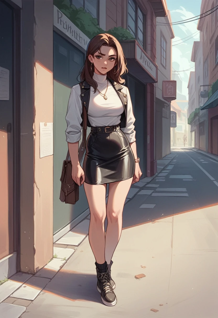 brunette woman wearing n3tst0, leather skirt, standing in street