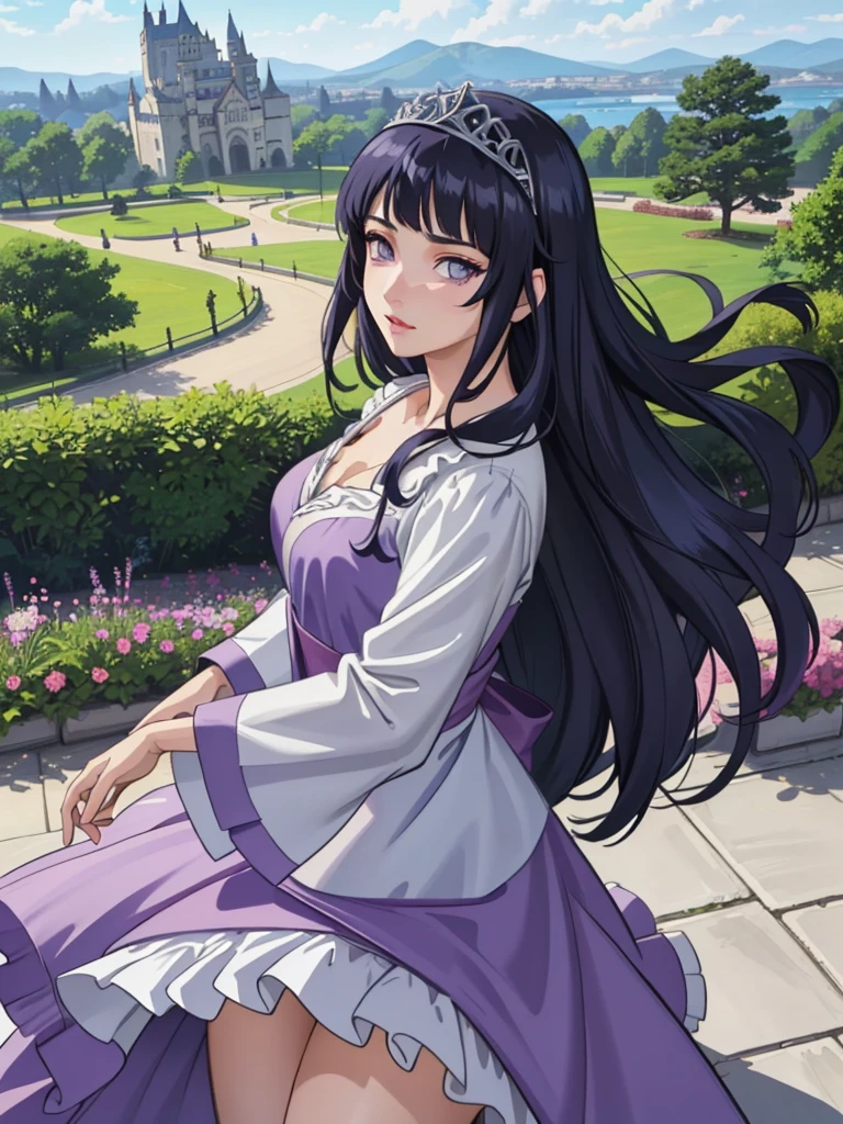 A beautiful princess, Hinata Hyuga, with a beautiful pose, looking at the viewer, thick thighs, (long purple dress:1.2), (Medium hair, tiara) 

(realistic: 1.2), (Realism), (artwork: 1.2), (best quality), (ultra detailed), (8K, 4K, Intricate), (full body shot: 1), (Cowboy shot: 1.2), (85mm), light particles, Lighting, (Highly detailed: 1.2), (face detailed: 1.2), (gradients), SFW, colorful, (eyes detailed: 1.2),

(detailed landscape, garden, plants, castle: 1.2), (detailed background), detailed landscape, (Dynamic Angle: 1.2), (dynamic pose: 1.2), (rule of third_composition: 1.3), (Line of action: 1.2) , wide shot, daylight, solo, blunt bangs, lilac eyes, dark blue hair