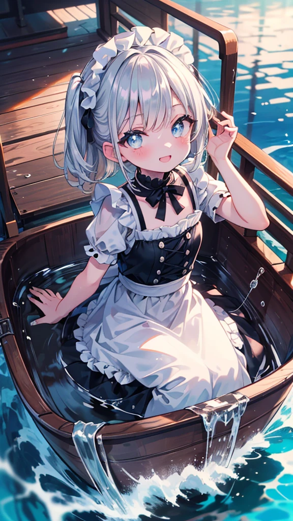 (8k, Highest quality, masterpiece: 1.2), Ultra-high resolution, 1 person, solo, Color changing eyes, Ultra-detailed, Expressive eyes, Highly detailed face, Maid clothes, Random Hairstyles、Silver gay hair, Rowboat、lake、sunlight, clavicle, The best smile, Childlike, Sparkling、splash, Overall image, Flooding, 