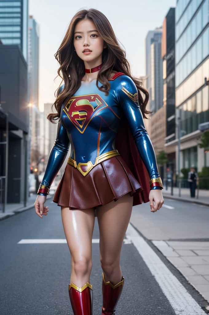 Ultra-realistic depictions,ultra-fine photos,, Best quality, Ultra high definition, Natural light, Full body portrait,( Amazingly beautiful style),((Chestnut hair and semi-long hair that sits in the wind))), Dynamic poses, Detailed beauty face, Brilliant eyes, Front view, (((supergirl costume made of latex material))), enamel boots, big and full breasts, off shoulder, model body shape, shiny, long sleeve, looking at camera, choker, red mini skirt, Weekly magazine cover, gravure magazine, sweaty, from right in front, Seduce, Urban street, (Beautiful body in detail),((Big)),High detail skin, Realistic skin details, visible pores, sharp focus, 8K UHD, digital, high quality, fair skin, view from below