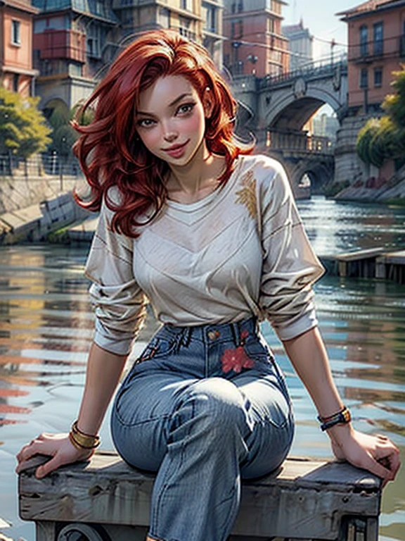 digital art, (girl, red_hair, flowers, baggy jeans, white shirt, discreet smile, cute look), (sitting on a bench, river in the background, golden hour),, by Daniil Suponitskiy jpegman