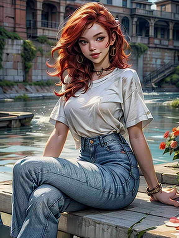 digital art, (girl, red_hair, flowers, baggy jeans, white shirt, discreet smile, cute look), (sitting on a bench, river in the background, golden hour),, by Daniil Suponitskiy jpegman