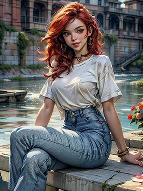 digital art, (girl, red_hair, flowers, baggy jeans, white shirt, discreet smile, cute look), (sitting on a bench, river in the b...