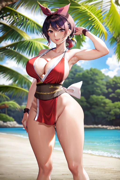 masterpiece, best quality, beautiful art, high resolution, well formed hands, body and fingers, 1 woman, solo, Ruka Sarashina, hair ribbon, red makeup, red lipstick,adult, grown up,  cosplaying as Mai Shiranui , mai_shiranui_cosplay, adult, large and big breasted, cleavage, full body , hair ribbon, gorgeous legs and, thighs, sexy Japanese clothes, hair ornament , sexy and bare legs , hips and thighs, panties peek, she is doing exercise at the beach, seductive face, warming up, working out, sexy and captivating training, smiling joyfully and happily , looking at the viewer, close up on her bouncing breasts and bare legs and thighs, sweating , bouncing breasts, training montage session, beach environment 