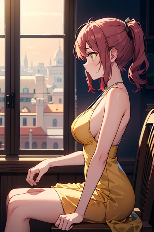 ((Best Quality)), ((masterpiece)), (detailed), 1 girl, with yellow evening dress, green eyes, red pigtails hair, 21 years, big breasts, wide hip,sitting, crossed legs, neckline,((Whole body)),((left profile view))