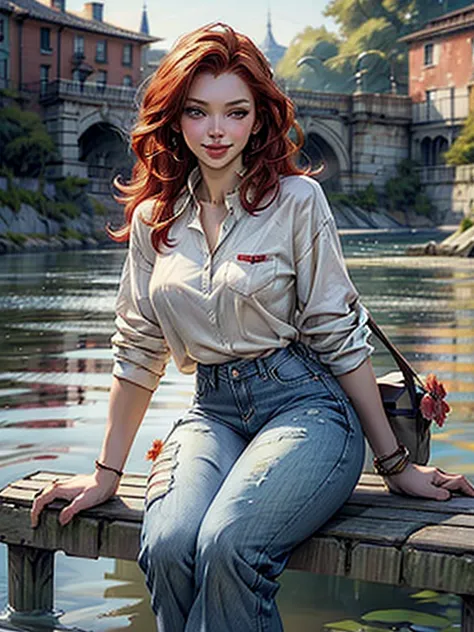 digital art, (girl, red_hair, flowers, baggy jeans, white shirt, discreet smile, cute look), (sitting on a bench, river in the b...