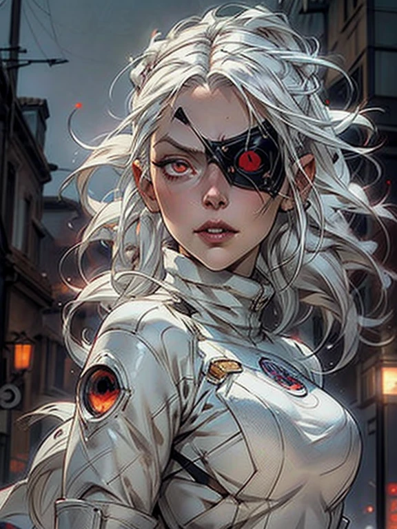 1girl, (solo), anime girl with long white hair and red eyes, girl with white hair, girl in white turtleneck, ((eyepatch)), pointed ears, ((vampire)), smirk, smug, closed mouth, cowboy shot, perfect white haired girl, white haired deity, digital cyberpunk anime art, turtleneck, lens flare, ((dramatic lighting)), soft glowing red eyes, extremely detailed, masterpiece, looking at viewer, city in background, (night)