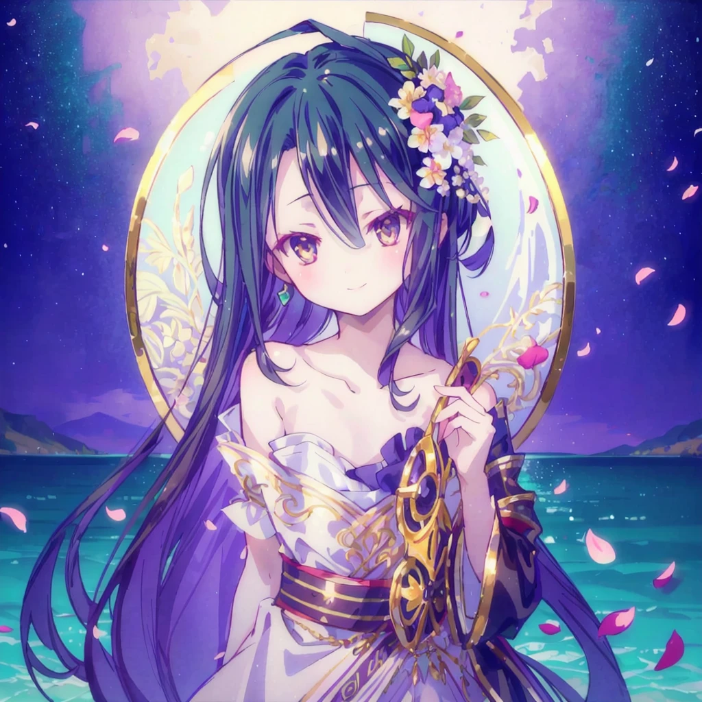 A beautiful and delicate portrait，A naughty and cute girl，Has short boyish hair, Black Hair, Emerald Green Ocean, Naughty smile, Dancing petals, (Top quality, masterpiece, Ultra-realistic) Flower petals floating in the background