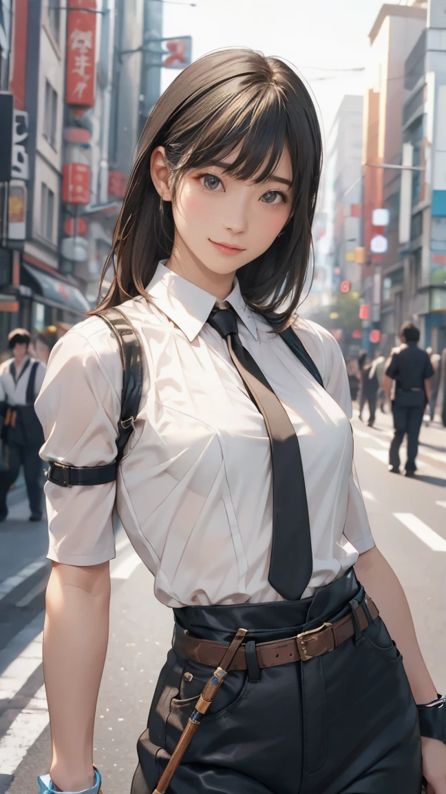 high resolution、High definition、High sensitivity、8k.Japanese、、1、cute、Idol face、Two Side Up Hair、slender、Mid-chest、(black and white high leg bodysuit:1.2)、See-through、Harness Belt、Gun Holder、（POLICE armband:1.3)、Vibrant、（Hold a gun、Firing：1.3）、bustling street、