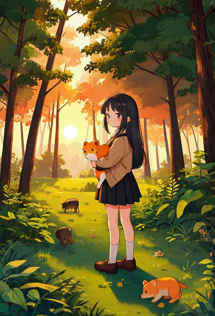 a cute girl in a skirt in the forest at sunset with little animals around