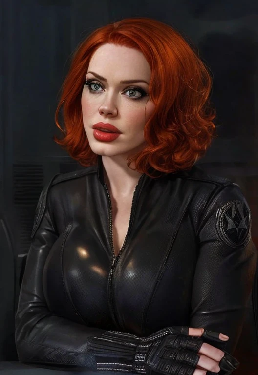 Masterpiece, Best Quality, Super Detailed, High Definition, Expensive Resolution, HDR, Super Detailed CG, Beautiful Details, Depth, Fine Texture, Super Fine, Complete concentration, Christina Hendricks as the character Natasha Romanoff/Black Widow from the Marvel Cinematic Universe, about 4, pale skin, short wavy hairstyle, orange hair color, mascara, red lipstick, big breasts. In tight black leather suit, cleavage, huge bust, fingerless gloves, Mysterious spy, member of the Avengers,  MCU character, epic Avengers character art
