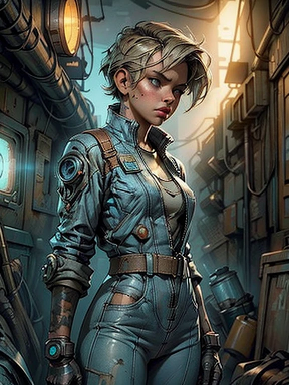 a girl in a blue vault jumpsuit, pip-boy 3000, post-apocalyptic wasteland, detailed environment, dramatic lighting, cinematic atmosphere, grunge, gritty, dystopian, highly detailed, 8k, photorealistic, concept art style, muted colors, depth of field, volumetric lighting