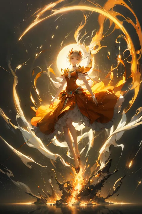 enter a captivating scene，an anime girl sitting on a floating platform, how energetic fire particles ignite the air around you, ...