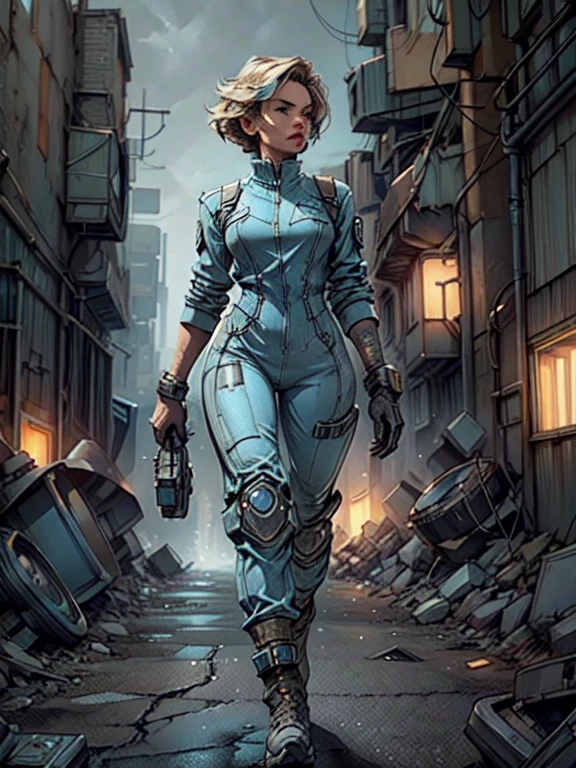 A detailed, high-quality woman walking out of a vault wearing a blue jumpsuit, pip-boy 3000, post-apocalyptic landscape, ruined city, cracked pavement, debris, overcast sky, muted color palette, dramatic lighting, cinematic composition, photorealistic, 8k, highly detailed, masterpiece