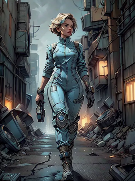 a detailed, high-quality woman walking out of a vault wearing a blue jumpsuit, pip-boy 3000, post-apocalyptic landscape, ruined ...