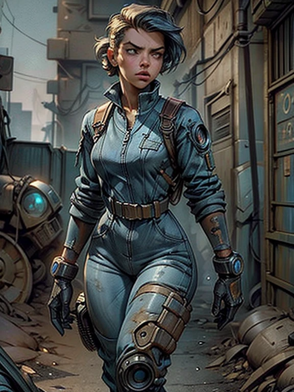 a girl walking out of a vault in a dark blue jumpsuit, pip-boy 3000, post-apocalyptic wasteland, fallout, detailed face, highly detailed, cinematic lighting, dramatic, intricate, photorealistic, 8k, masterpiece