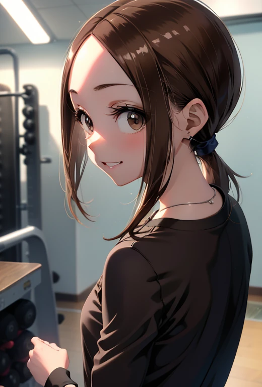 masterpiece, takagi-san adultbrown hair, brown eyes, parted bangs, ponytail, young girl, toned body, sports top, flat chest, smile , sexy tight leggings, gym . back ass, 