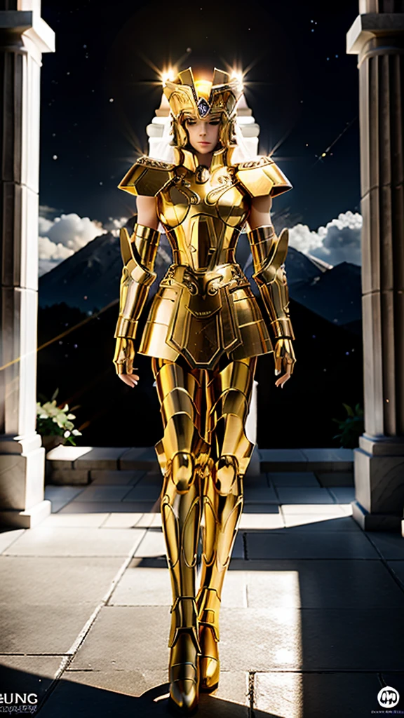 hyper realistic ultra  Gemini Armor sparkling, gold armor sparkling, armor, Dramatic skies, looking at the audience, armor, Shut up, Upper Body, Serious, helmet, On the Greek temple bridge, detailed gorgeous face, 30-megapixel, 4k, Canon EOS 5D Mark IV DSLR, 85mm lens, sharp focus, intricately detailed, long exposure time, f/8, ISO 100, shutter speed 1/125, diffuse back lighting, award winning photograph, facing camera, looking into camera, monovisions, perfect contrast, High sharpness, facial symmetry, depth of field, ultra-detailed photography, raytraced, global illumination, TanvirTamim, smooth, ultra high definition, 8k, unreal engine 5, ultra sharp focus, award-winning photograph, trending on artstation, realistick 8k, whole body. Go to the audience, boots. realistis. k8