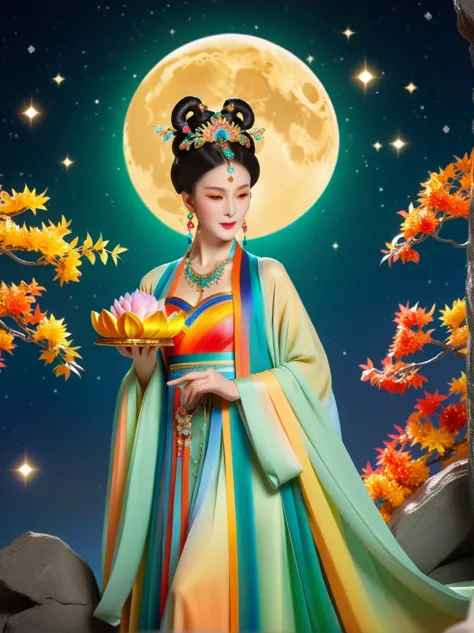 three-dimensional ancient style, vivid chinese aesthetics, elegant ancient chinese fairy, chang'e holding a mooncake, moon rabbi...