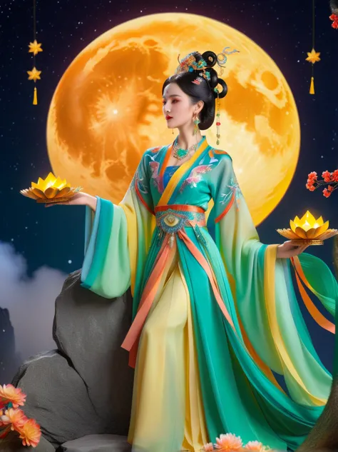 three-dimensional ancient style, vivid chinese aesthetics, elegant ancient chinese fairy, chang'e holding a mooncake, moon rabbi...