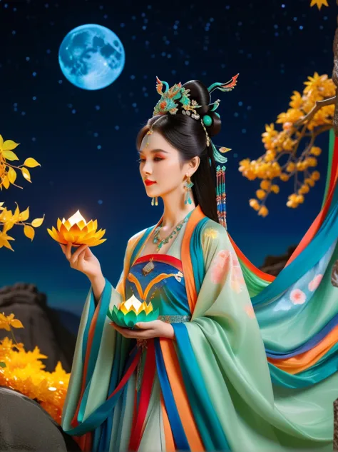 three-dimensional ancient style, vivid chinese aesthetics, elegant ancient chinese fairy, chang'e holding a mooncake, moon rabbi...