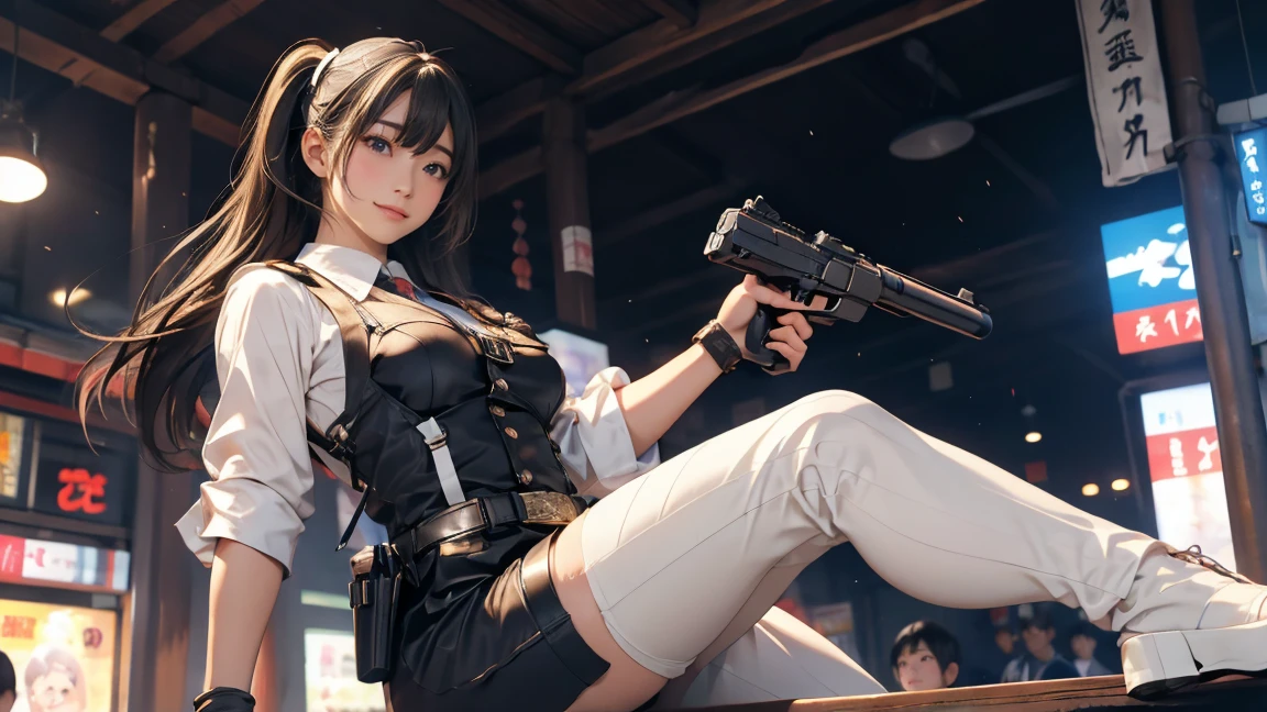 high resolution、High definition、High sensitivity、8k.Japanese、、1、cute、Idol face、Two Side Up Hair、slender、Mid-chest、(black and white high leg bodysuit:1.2)、See-through、Harness Belt、Gun Holder、（POLICE armband:1.3)、Vibrant、（Hold a gun、Firing：1.3）、bustling street、