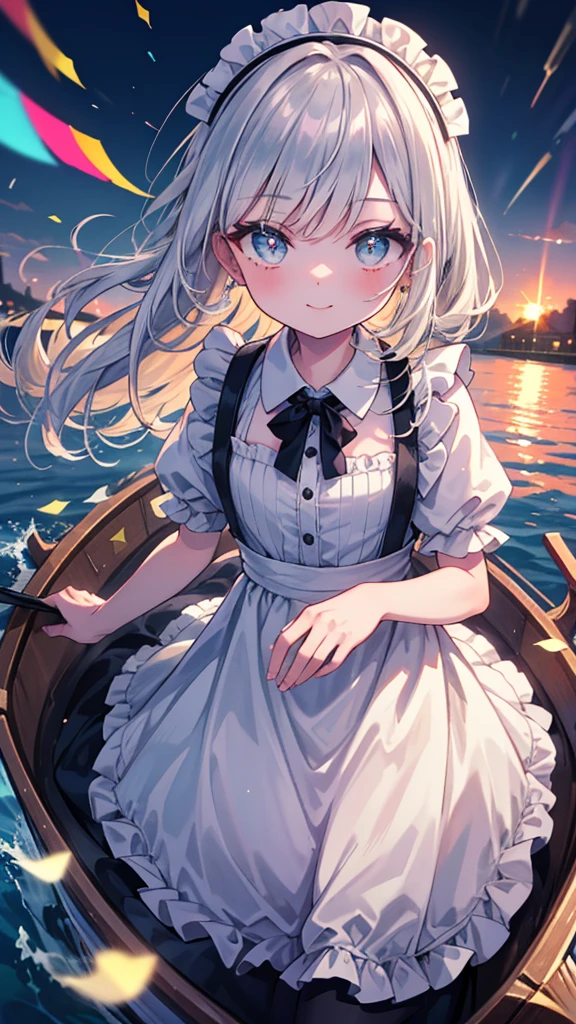 (8k, Highest quality, masterpiece: 1.2), Ultra-high resolution, 1 person, solo, Color changing eyes, Ultra-detailed, Expressive eyes, Highly detailed face, Maid clothes, Random Hairstyles、Silver gay hair, Rowboat、lake、sunlight, clavicle, The best smile, Childlike, Sparkling、splash, 