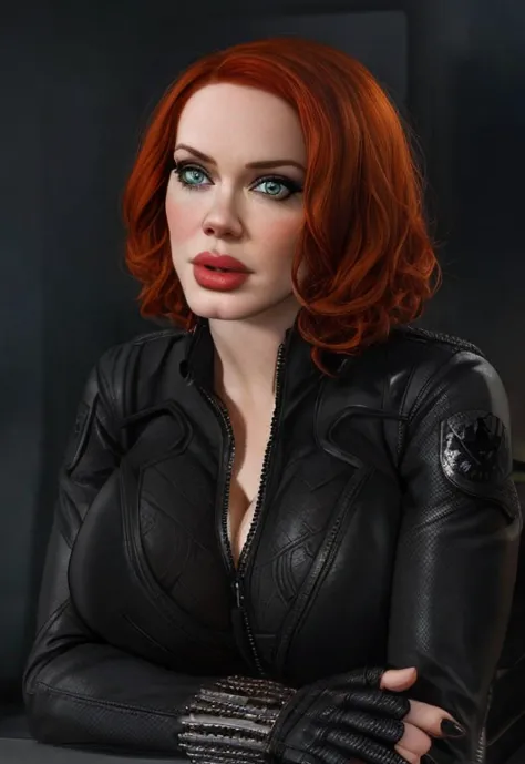 4 christina hendricks as the character natasha romanoff/black widow from the marvel cinematic universe, with a huge bust in a ti...