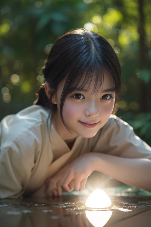 (8k, RAW photo, best quality, masterpiece), (photorealistic), outstanding details, ultra-high resolution, anatomically correct, textured skin, (Extremely precise and accurate anatomy),
Ultra Detailed Face, Detailed Eyes, 

A girl making ancient Jomon pottery, 
(Cute Japanese girl), light smile,
cinematic lighting in the hair, hair light, wind in the hair,
A square in the forest, Jomon ceramics, Jomon ware, 

(backlighting), 
(reflection light from below:1.4), 
atmospheric perspective, depth of field, 
(dramatic lighting), cinematic lighting, 