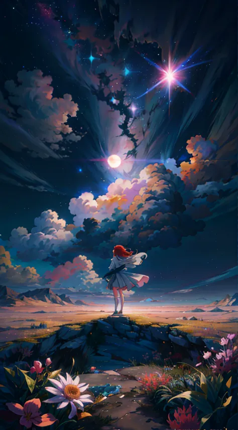 anime girl standing on mountain looking at the stars, dreamlike digital painting, inspired by cyril rolando, makoto shinkai cyri...