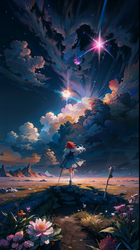 Anime girl standing on mountain looking at the stars, dreamlike digital painting, Inspired by Cyril Rolando, Makoto Shinkai Cyril Rolando, rhads and lois van baarle, Anime art wallpaper 8 K, Anime art wallpaper 4k, Anime art wallpaper 4 K, wlop and RHADS, 4k highly detailed digital art, Inspired by RHADS