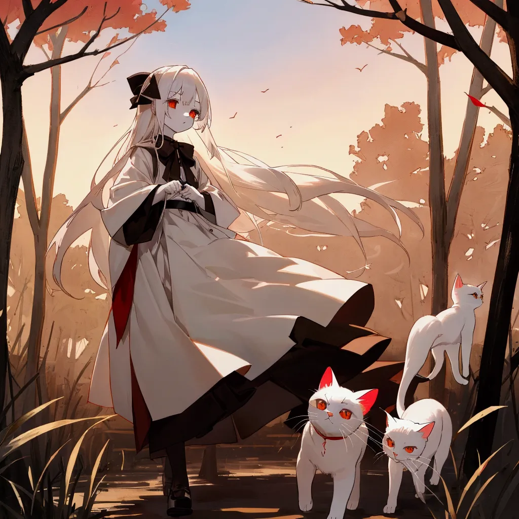 evening，a young girl，white long hair，red pupil，white gothic skirt，very white skin。she is holding a white cat doll，walking on a d...