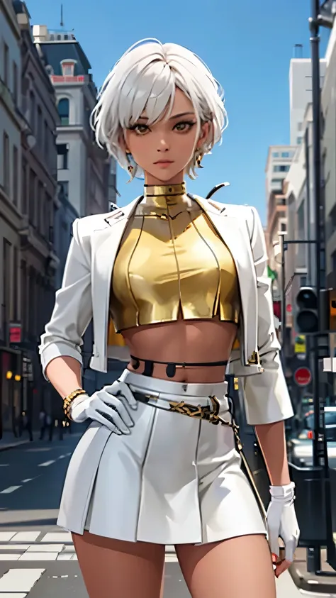 city detailed background, city detailed scenario, 1girl, solo, aphroditefn, crop top, gold top, yellow crop top, open clothes, j...