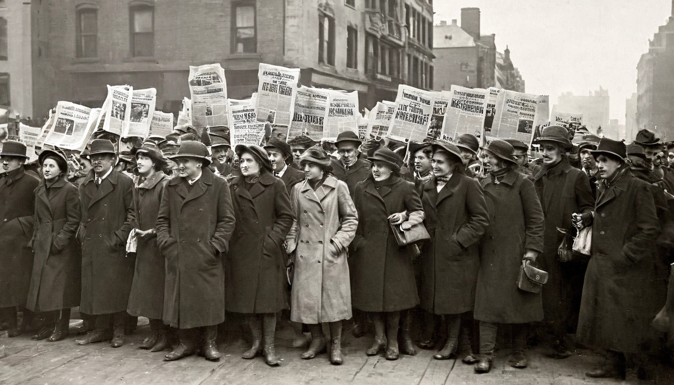 1914 New York; people walking around the city, looking up.; newspapers with war news!