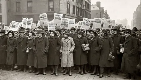 1914 new york; people walking around the city, looking up.; newspapers with war news!