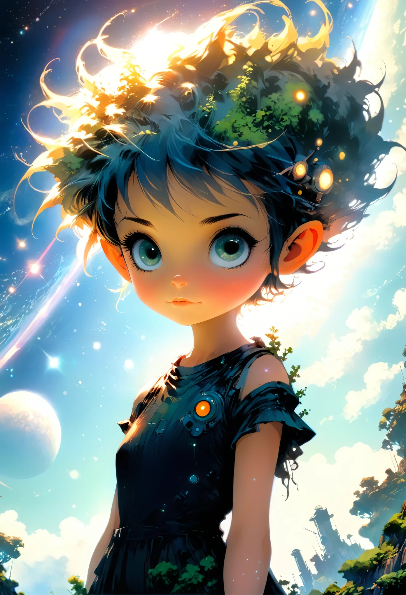 Pixie Girl facing the viewer, Anime, Planetes, Science Fiction, Landscape, Style, orcaeffectKA, methurlant, cartoon