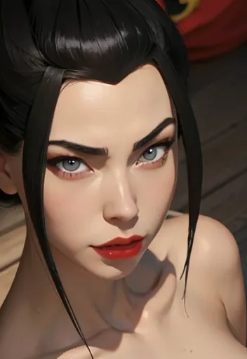 close-up of princess azula , black hair, blue eyes,  full and red lips , smooth skin slim body extra large breasts, nsfw image 1...