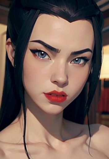 Close-up of Princess Azula , black hair, blue eyes, full and red lips , smooth skin, extra large breasts, nsfw image 1.2 high resolution 12k gotich makeup fanart 