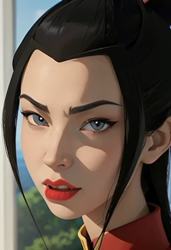 Close-up of Princess Azula , black hair, blue eyes, full and red lips , smooth skin, extra large breasts, nsfw image 1.2 high resolution 12k gotich makeup fanart 