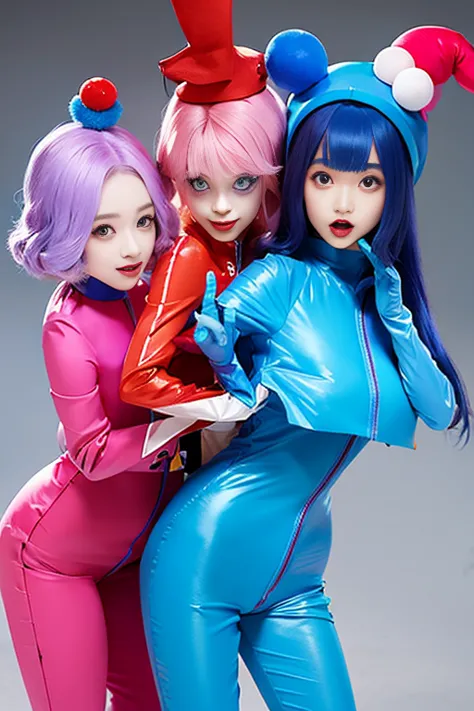 three clown girls　clowning　rubber suit　hair color: blue(1.1)　japanese　red and blue clown suit　two-pronged clown hat　clown makeup