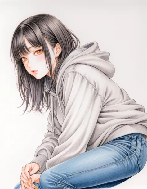 woman, hoodie, denim pants, art, colored pencil drawing, draft, white background