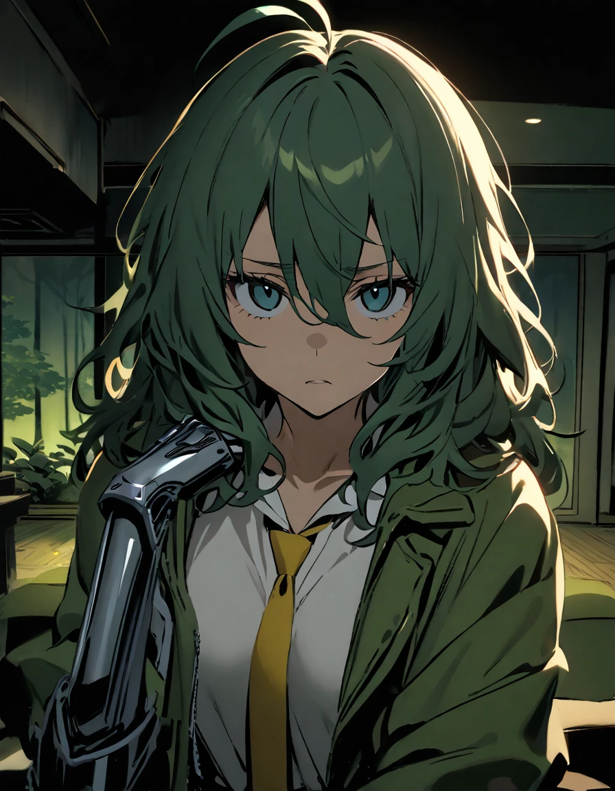 mature, bluish eyes, looking at viewer, female, forest room background, messy hair, white shoulder-length hair, parted lips, hair between eyes, ahoge, background in low light, dark, night, emotionless, no emotion, bored, frown, trees, standing, prosthetic arm, dark green jacket with golden accents, wearing a white shirt with a yellow tie, Underneath the jacket