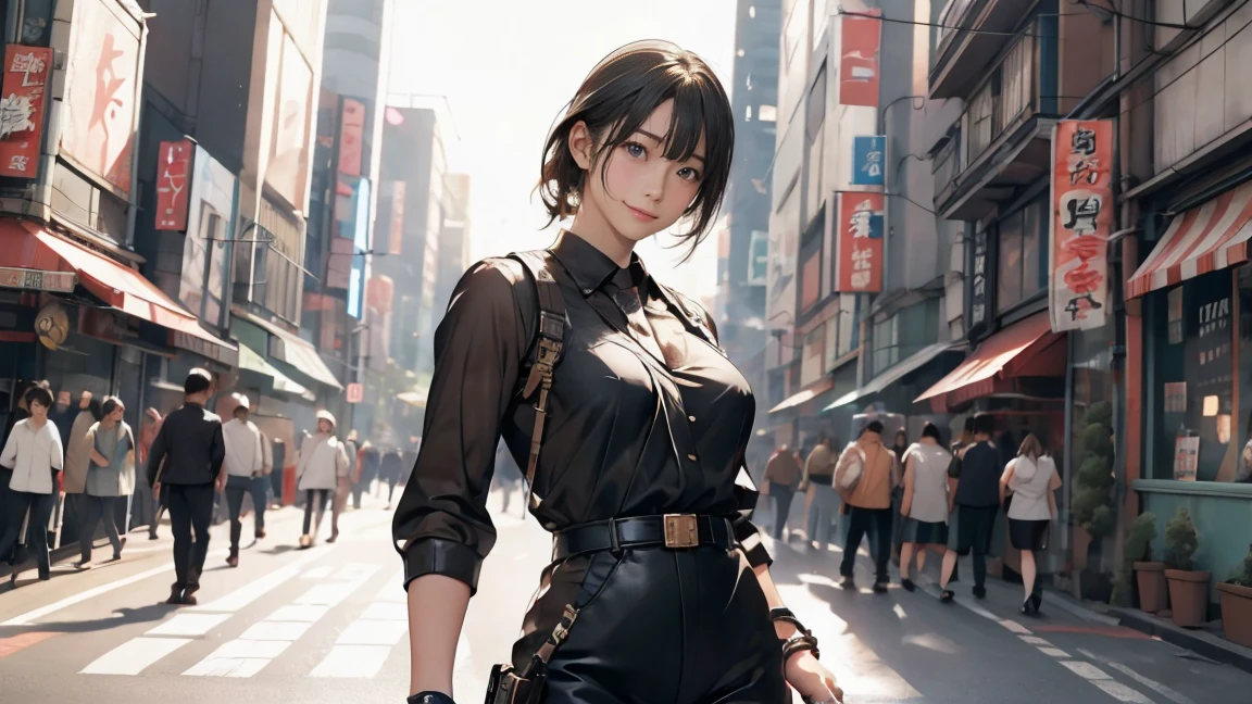 high resolution、High definition、High sensitivity、8k.Japanese、、1、cute、Idol face、Two Side Up Hair、slender、Mid-chest、(black and white high leg bodysuit:1.2)、See-through、Harness Belt、Gun Holder、（POLICE armband:1.3)、Vibrant、（Hold a gun、Firing：1.3）、bustling street、