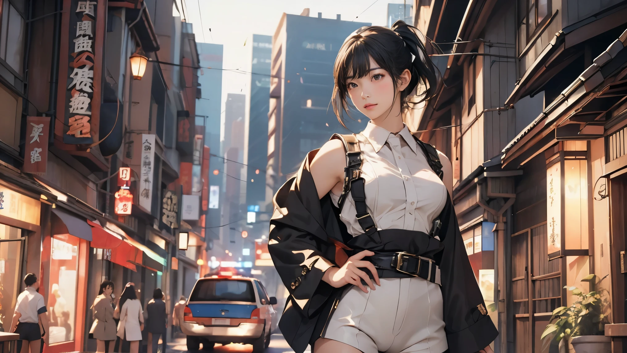 high resolution、High definition、High sensitivity、8k.Japanese、、1、cute、Idol face、Two Side Up Hair、slender、Mid-chest、(black and white high leg bodysuit:1.2)、See-through、Harness Belt、Gun Holder、（POLICE armband:1.3)、Vibrant、（Hold a gun、Firing：1.3）、bustling street、