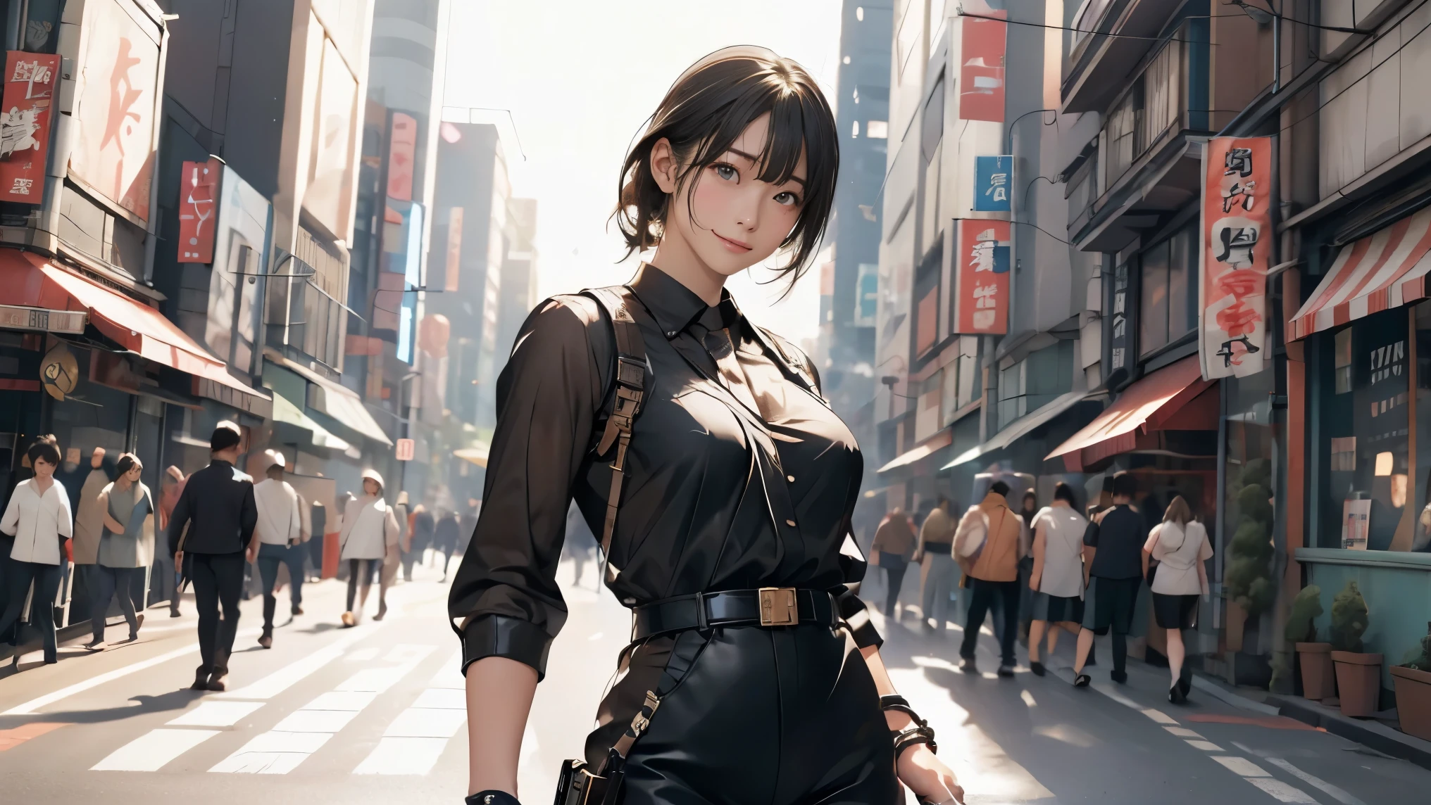 high resolution、High definition、High sensitivity、8k.Japanese、、1、cute、Idol face、Two Side Up Hair、slender、Mid-chest、(black and white high leg bodysuit:1.2)、See-through、Harness Belt、Gun Holder、（POLICE armband:1.3)、Vibrant、（Hold a gun、Firing：1.3）、bustling street、