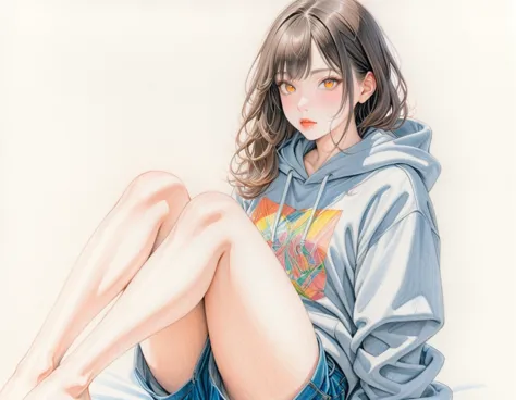 arw, sit with legs apart, m-shaped legs, woman, hoodie, denim pants, art, colored pencil drawing, draft, white background